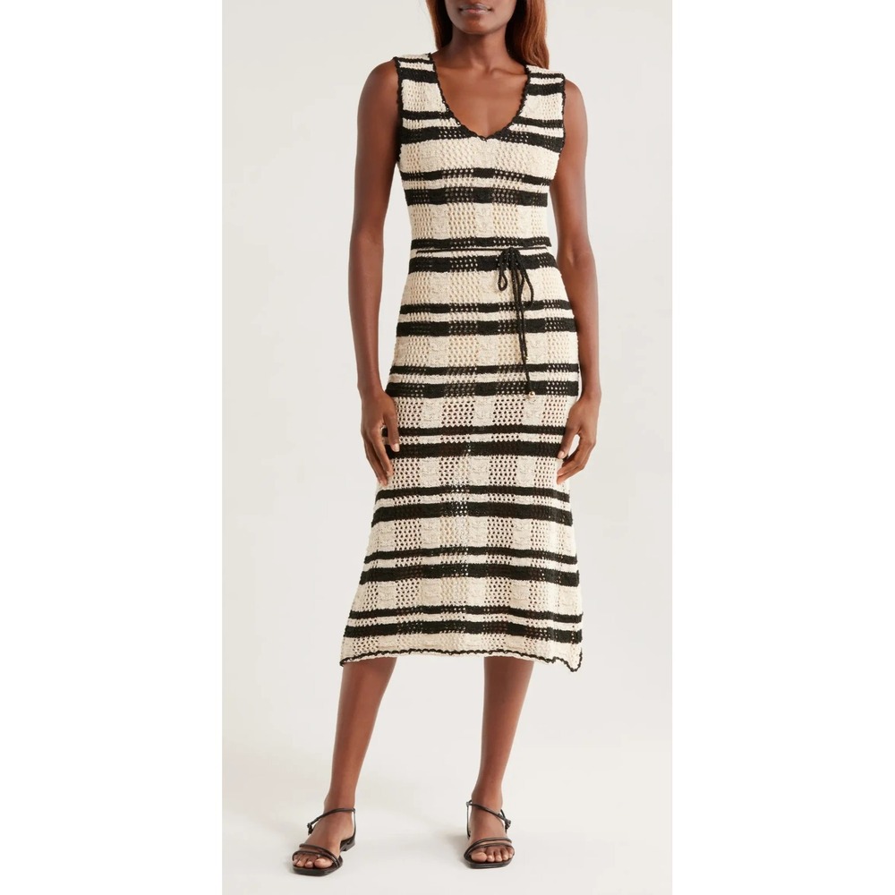 New Elan Stripe Cotton Blend Midi Cover-Up Dress Crochet Natural Black Size XL - Picture 3 of 16